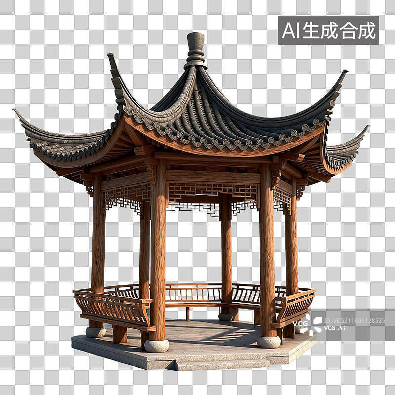 【AI数字艺术】3D渲染，凉亭，中式古代建筑，亭台楼阁，园林景观，免抠元素图片素材