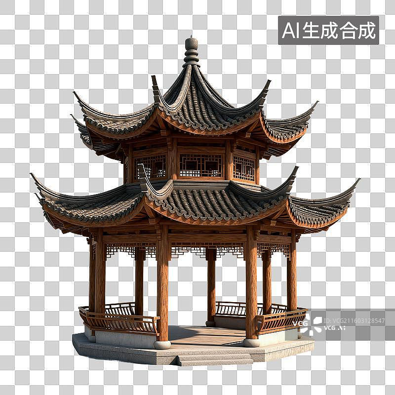 【AI数字艺术】3D渲染，凉亭，中式古代建筑，亭台楼阁，园林景观，免抠元素图片素材