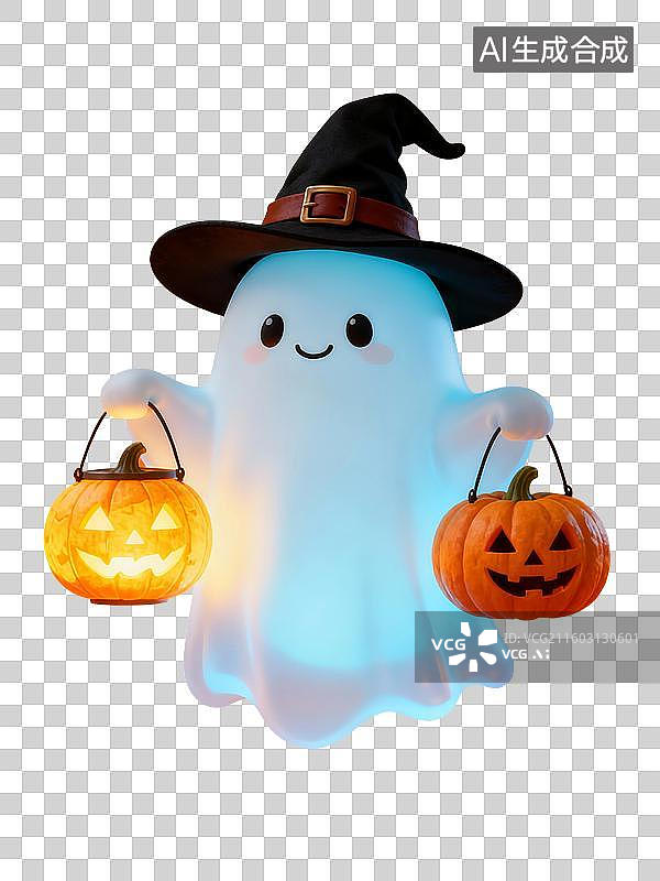 【AI数字艺术】3D渲染，幽灵拿着南瓜灯，幽灵，鬼怪，怪物，万圣节，免抠元素图片素材