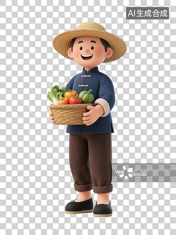 【AI数字艺术】3D渲染卡通农民，拿着蔬菜水果的农民，农民伯伯，有机食品，免抠元素图片素材