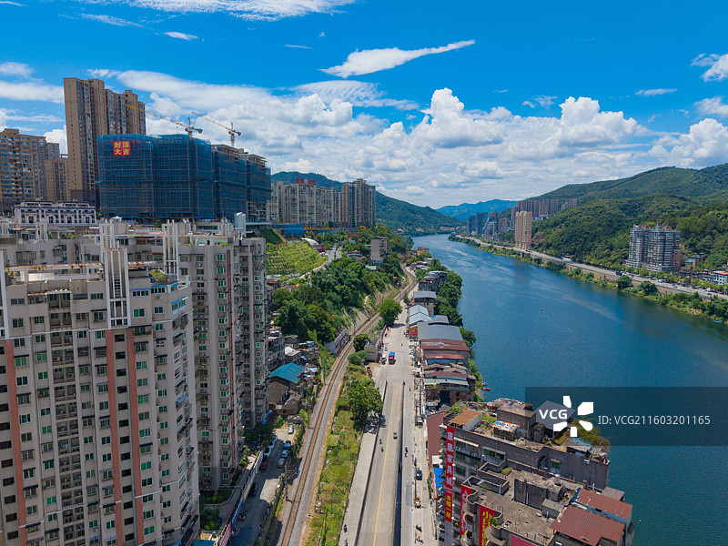 福建省南平市延平区，水南站，火车铁路，城市风光，航拍图片素材