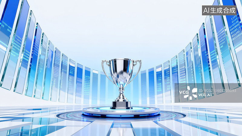 【AI数字艺术】未来感数字背景中的闪亮奖杯图片素材
