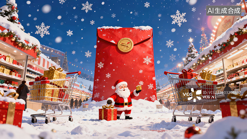 【AI数字艺术】圣诞购物街中的圣诞老人图片素材