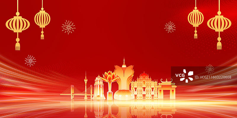 红色科技感澳门城市年会展板科技风格年终总结背景展板图片素材