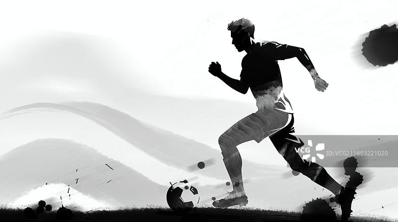 水墨 运动 人物 插画 足球 踢球 跑图片素材