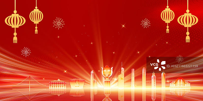 红色科技感香港城市年会展板科技风格年终总结背景展板图片素材