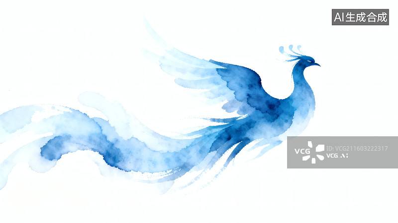 【AI数字艺术】蓝色水彩凤凰展翅飞翔，尾羽飘逸，背景纯白图片素材