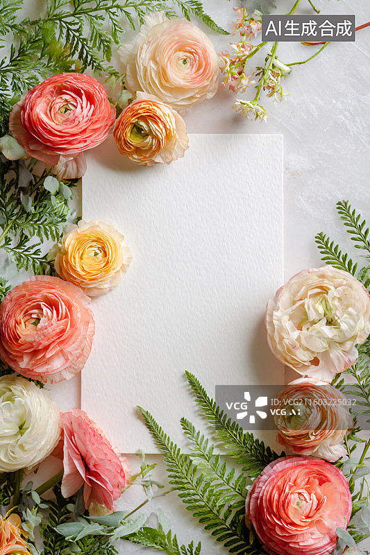 【AI数字艺术】花艺绿植环绕空白卡片清新画面图片素材