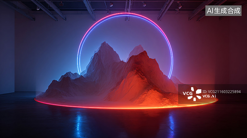 【AI数字艺术】霓虹几何山形装置艺术科技感画面图片素材