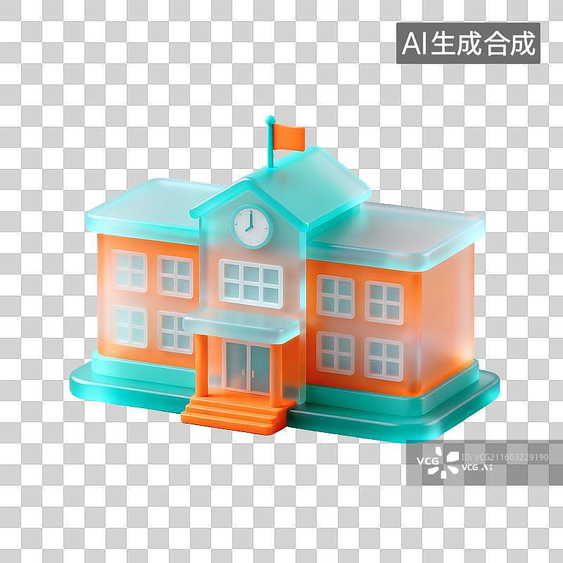 【AI数字艺术】3D卡通磨砂玻璃教培图标——学校图片素材