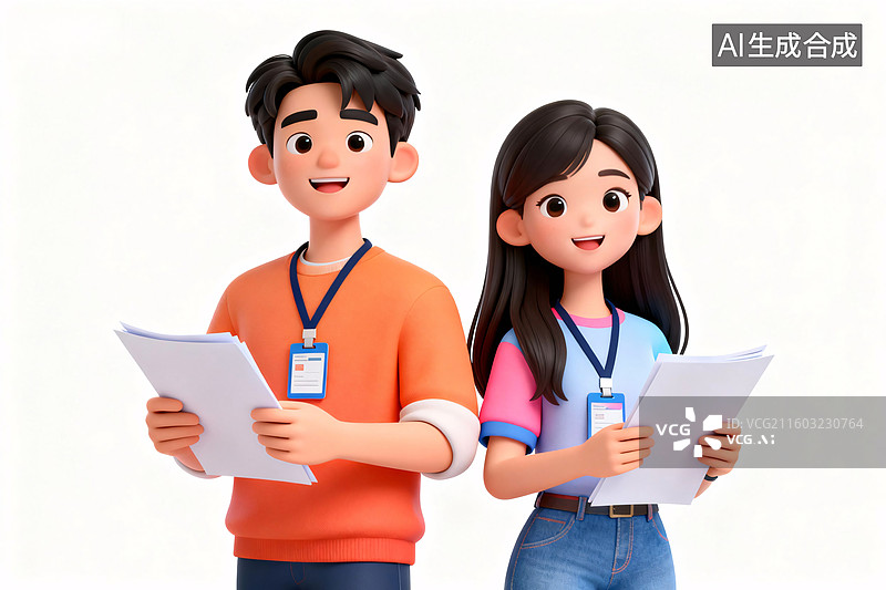【AI数字艺术】3d卡通职场男女青年微笑拿文件图片素材