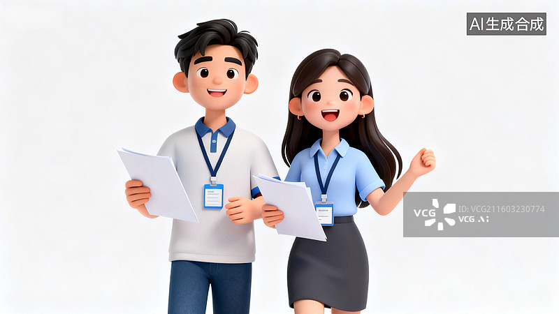 【AI数字艺术】3d卡通职场男女青年微笑拿文件图片素材