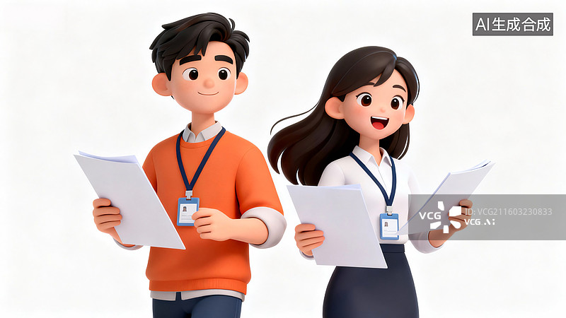 【AI数字艺术】3d卡通职场男女青年微笑拿文件图片素材