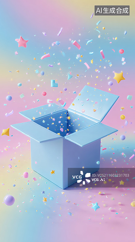 【AI数字艺术】蓝色礼盒打开洒出彩带图片素材