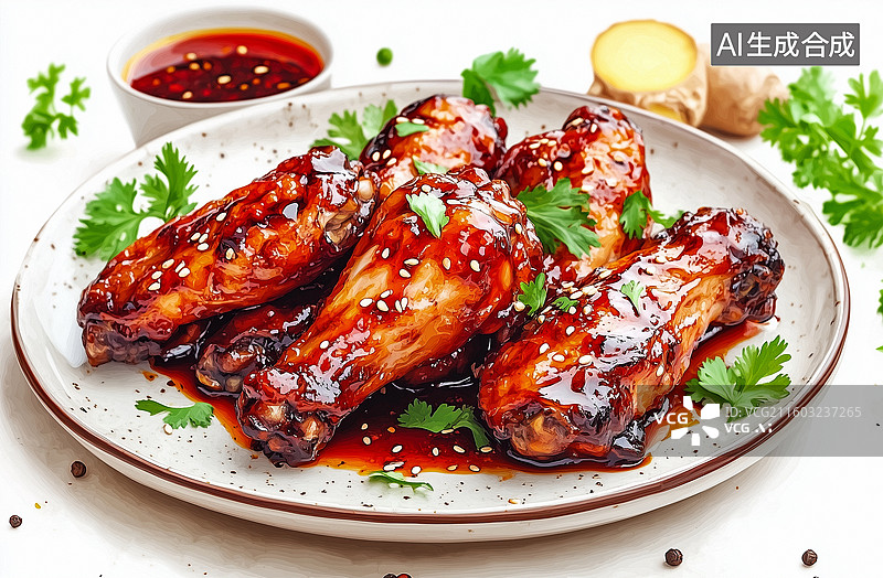 【AI数字艺术】鸡翅水彩，矢量，孤立在白色背景上。图片素材