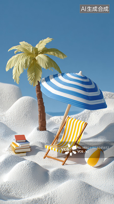 【AI数字艺术】沙滩上的遮阳伞与躺椅图片素材