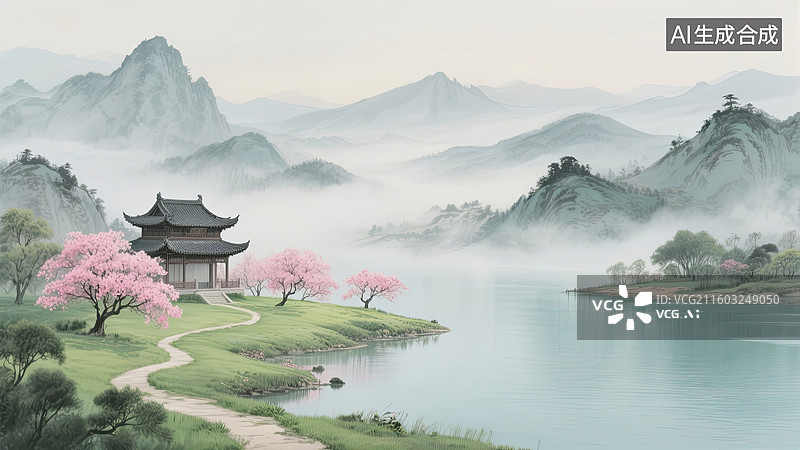【AI数字艺术】绝美春日东方山水画卷图片素材