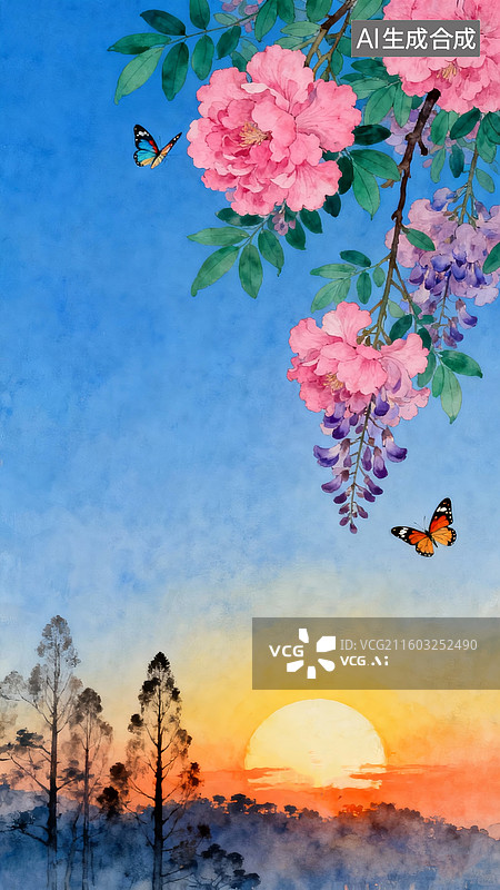 【AI数字艺术】工笔画风格，油画，湖面上空垂落着几枝大朵的玫红色蓝花楹花枝，两只彩蝶飞舞，蓝色渐变背景图片素材