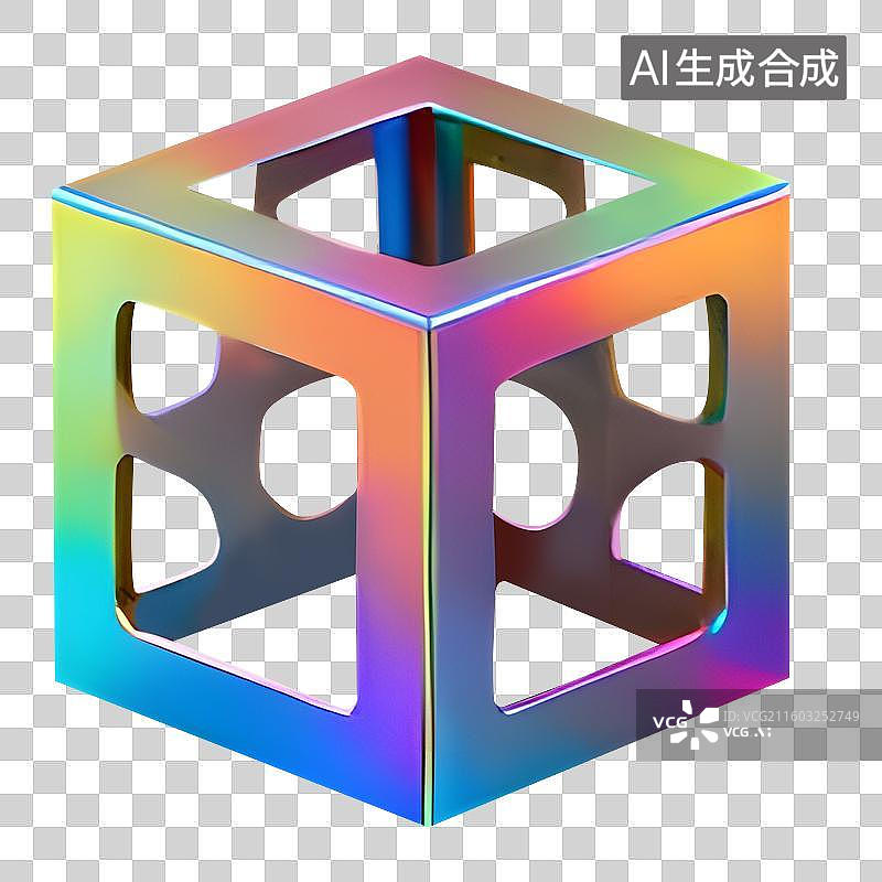 【AI数字艺术】超现实3D镂空幻彩金属立方体全息彩虹金属几何形状图片素材
