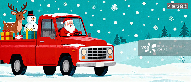 【AI数字艺术】圣诞主题插画 圣诞老人开着红色卡车送礼物图片素材
