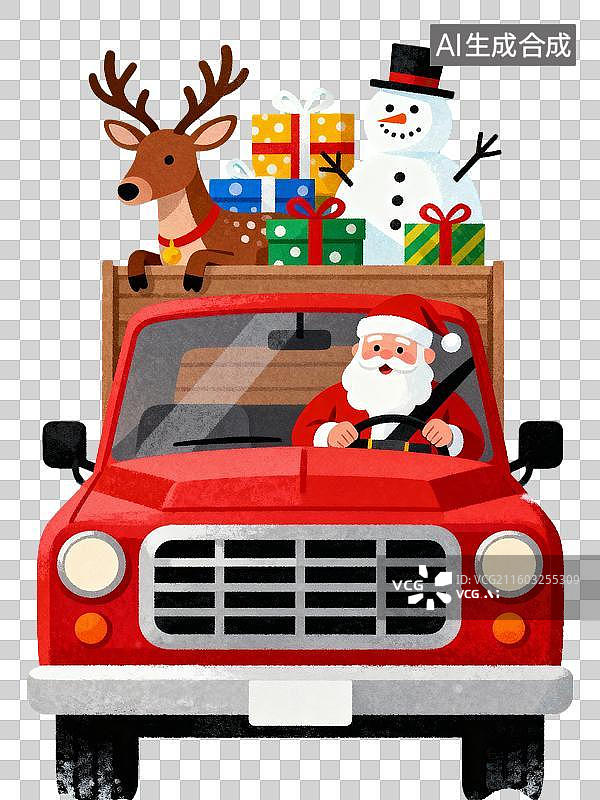 【AI数字艺术】圣诞主题插画 圣诞老人开着车运送礼物图片素材