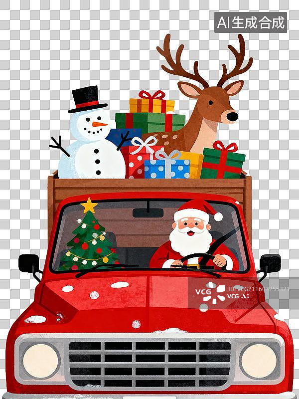 【AI数字艺术】圣诞主题插画 圣诞老人开着车运送礼物图片素材
