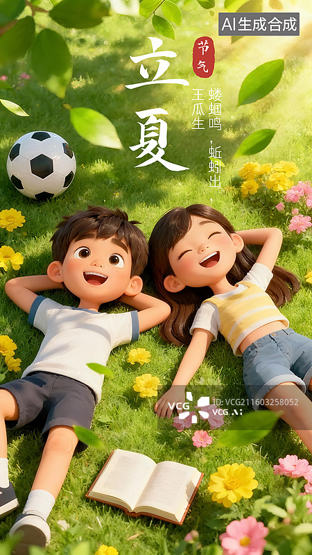 【AI数字艺术】小满节气麦田踏青奔跑的孩子们海报插画图片素材