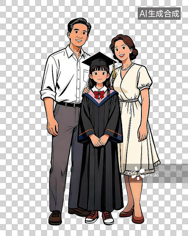 【AI数字艺术】美式漫画风家庭毕业合影插画免抠素材图片素材