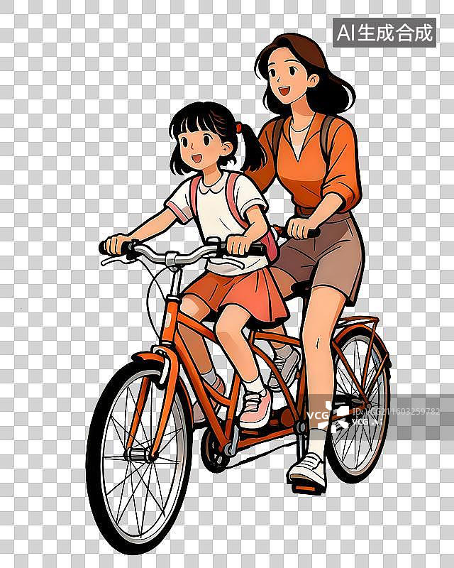 【AI数字艺术】美式漫画风母女骑双人自行车插画免抠素材图片素材