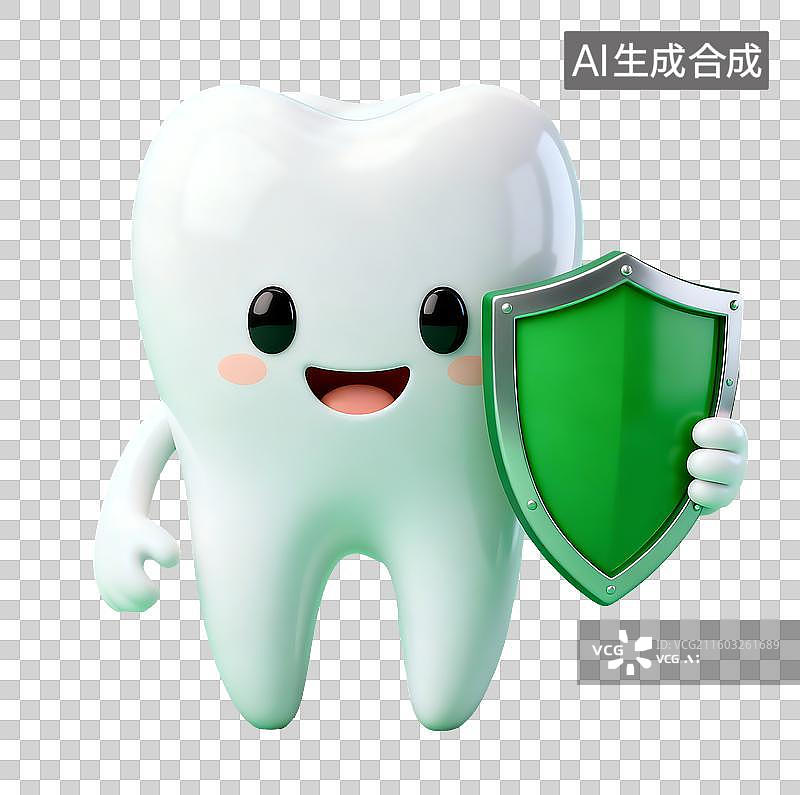 【AI数字艺术】手拿绿色盾牌的牙齿3D卡通免抠元素图片素材