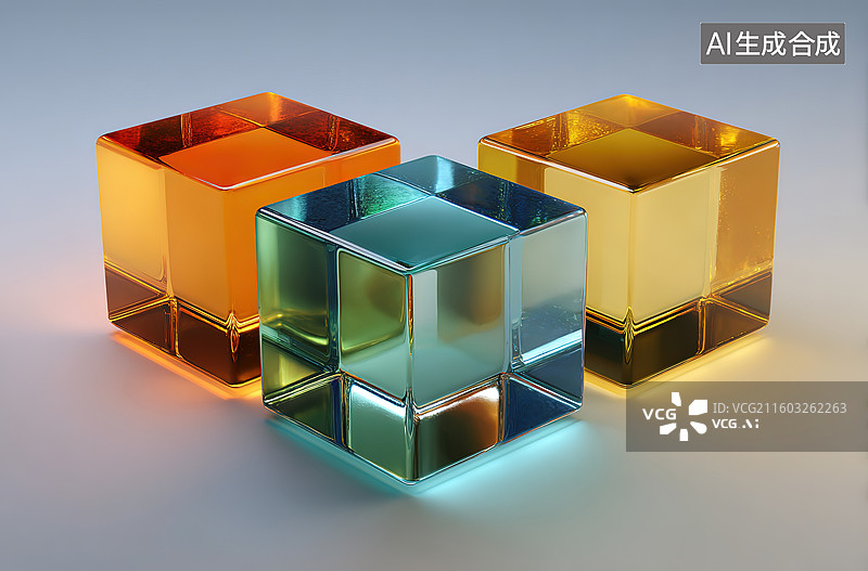 【AI数字艺术】三色透明立方体静物图片素材