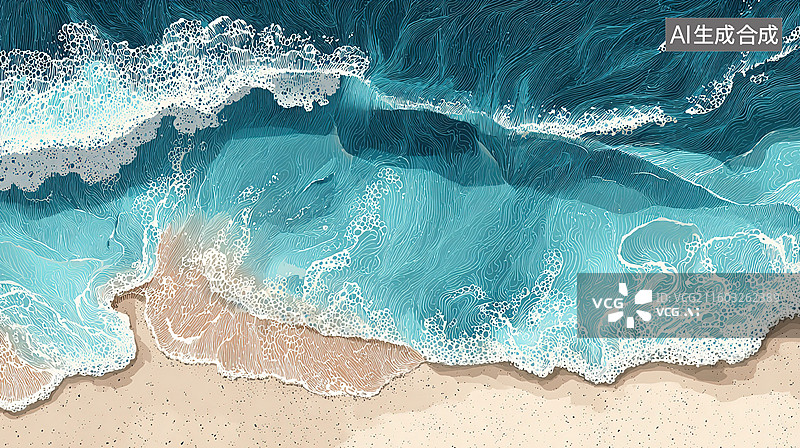 【AI数字艺术】海浪拍打沙滩的俯瞰景象图片素材