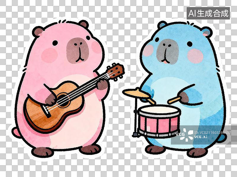 【AI数字艺术】教育主题 音乐教育 两只卡通熊演奏乐器图片素材