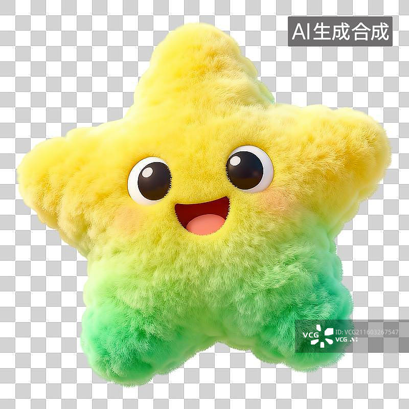 【AI数字艺术】3D立体毛绒质感黄绿色系卡通可爱风星星免抠元素图片素材