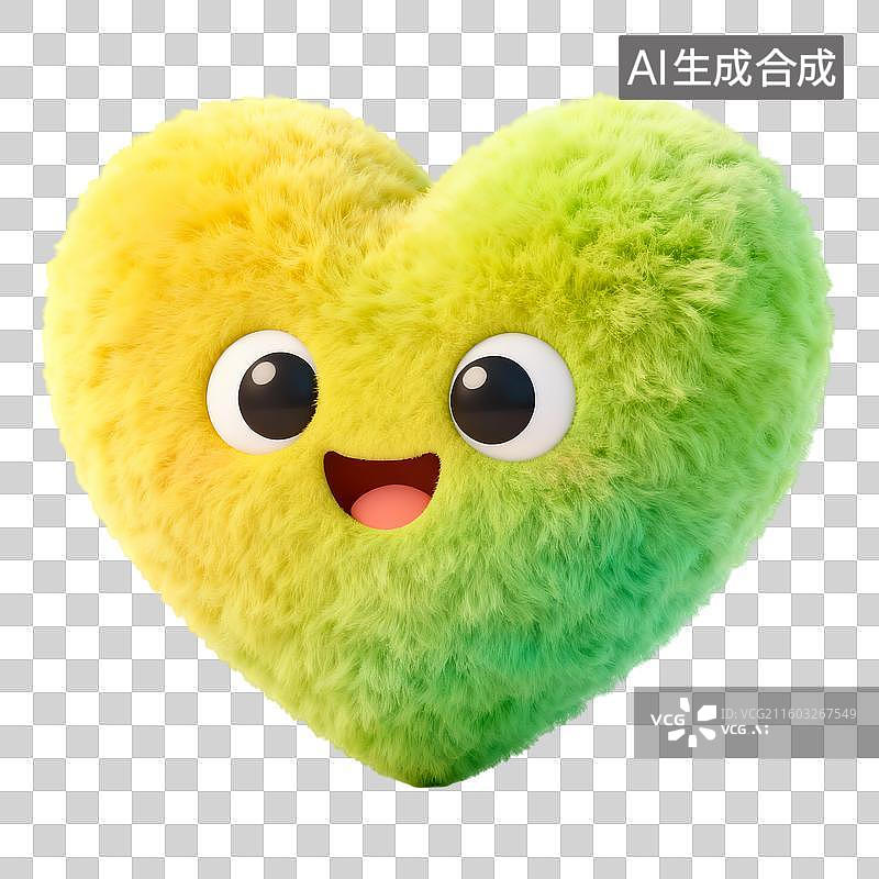 【AI数字艺术】3D立体毛绒质感黄绿色系卡通可爱风爱心免抠元素图片素材