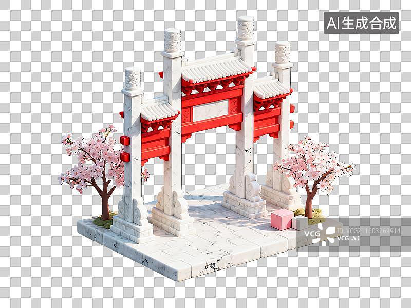 【AI数字艺术】3d中国古代建筑牌坊场景元素图片素材