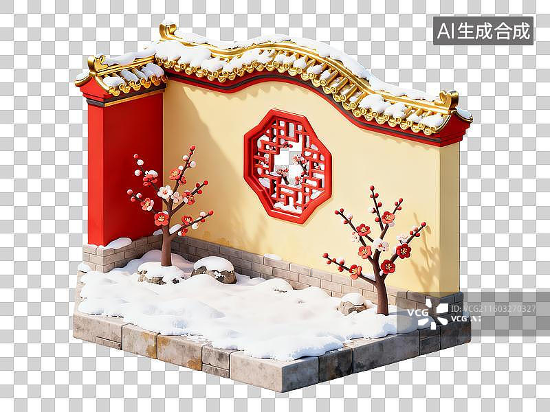 【AI数字艺术】3d中国古代建筑园林花窗墙图片素材