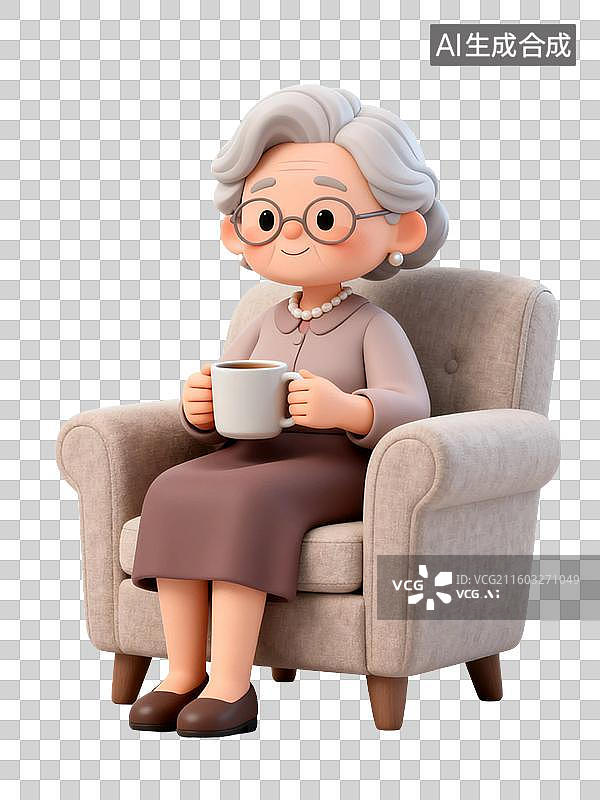 【AI数字艺术】3D渲染卡通人物，坐在沙发上喝水喝茶的老人，老人，老年人，退休老人，健康保健，免抠元素图片素材