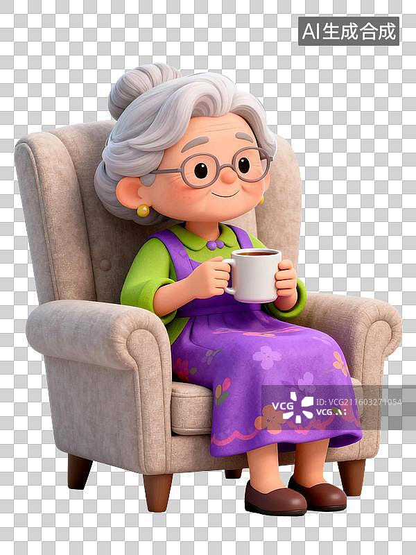 【AI数字艺术】3D渲染卡通人物，坐在沙发上喝水喝茶的老人，老人，老年人，退休老人，健康保健，免抠元素图片素材