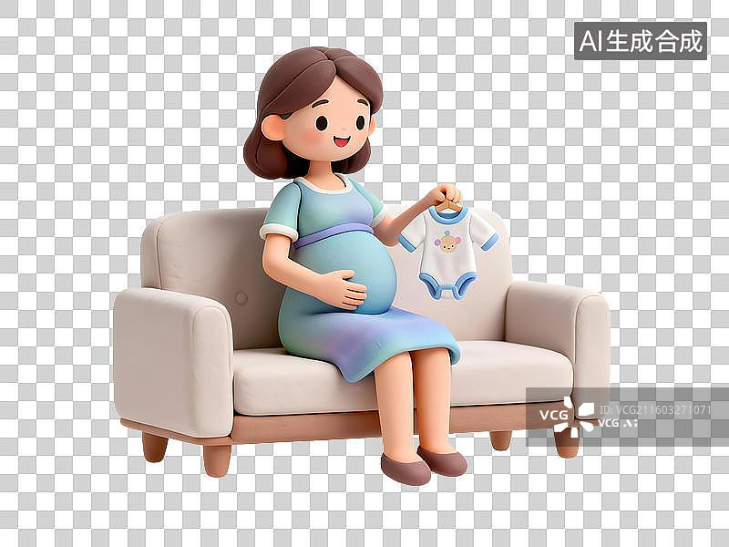 【AI数字艺术】孕妇坐在沙发上幸福的看着婴儿服装，畅想宝宝的未来图片素材