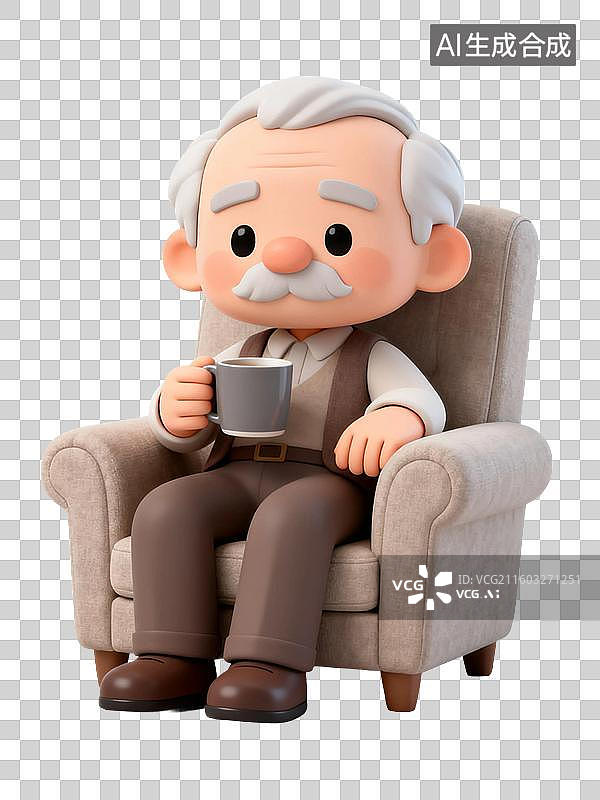 【AI数字艺术】3D渲染卡通人物，坐在沙发上喝水喝茶的老人，老人，老年人，退休老人，健康保健，免抠元素图片素材