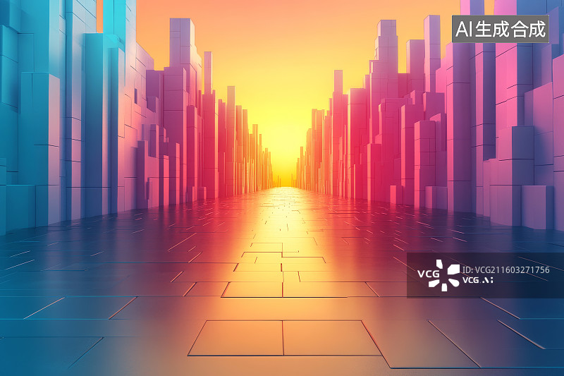 【AI数字艺术】未来城市街景，渐变色彩建筑图片素材