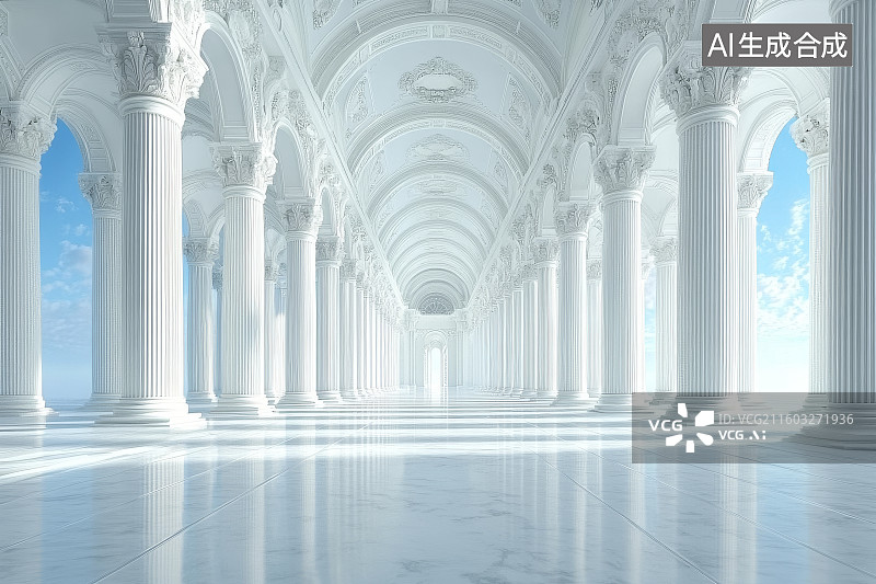 【AI数字艺术】白色拱廊柱的宏伟建筑图片素材