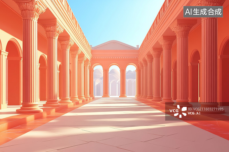 【AI数字艺术】红色柱廊与拱门的古典建筑图片素材