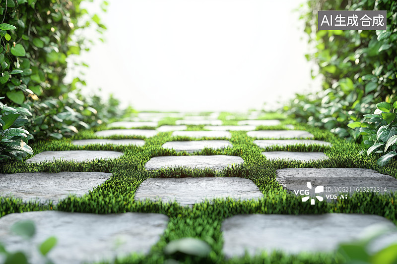 【AI数字艺术】石板小径穿行于绿意盎然的花园图片素材