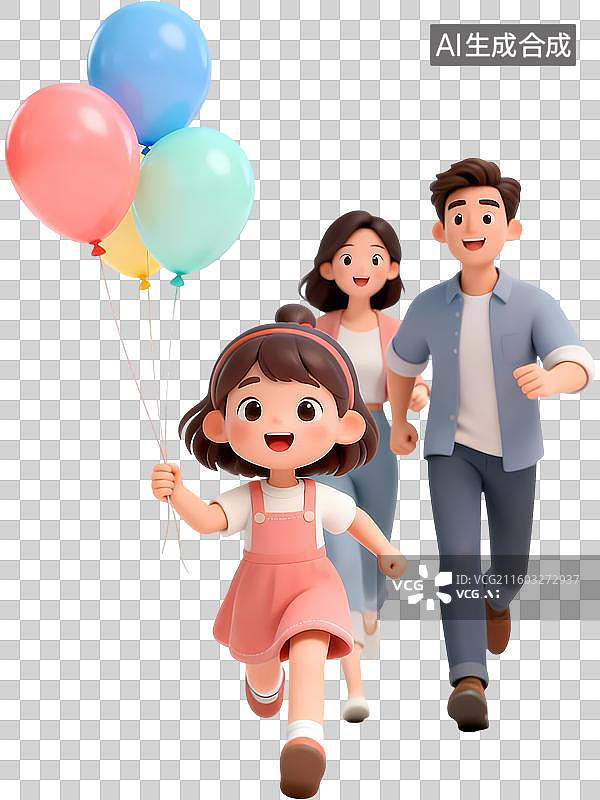 【AI数字艺术】小孩拿着气球奔跑爸爸妈妈追赶3D立体卡通清新4D渲染插画元素图片素材