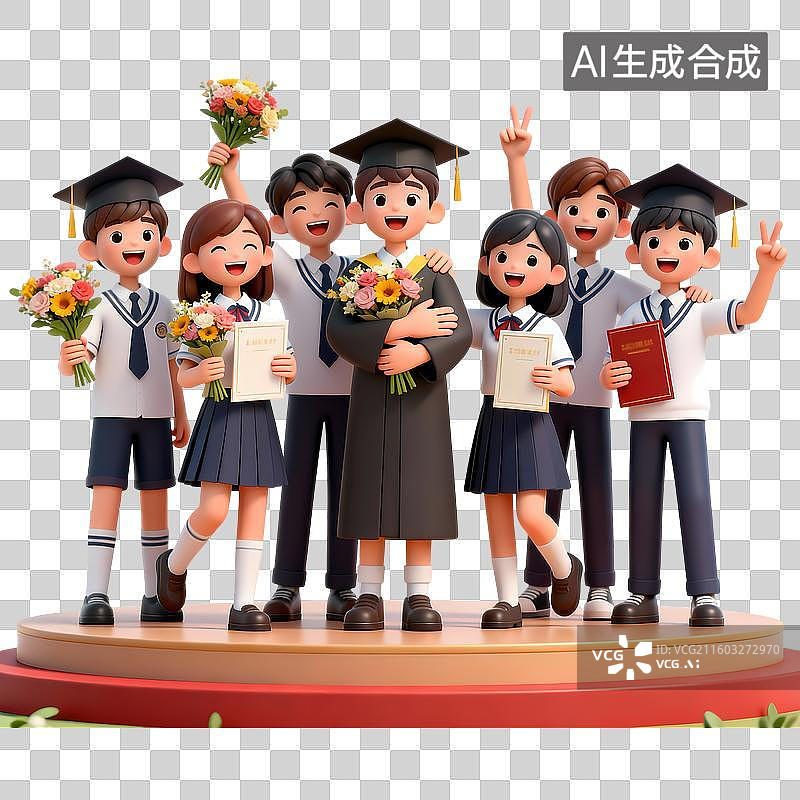 【AI数字艺术】庆祝毕业大合照3D立体卡通清新4D渲染插画元素图片素材