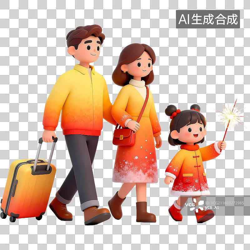【AI数字艺术】冬季穿着喜庆衣服的一家人旅行3D立体卡通清新4D渲染插画元素图片素材