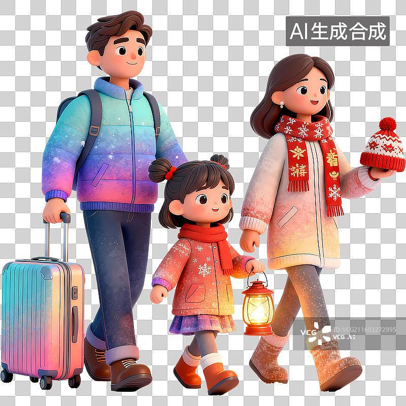 【AI数字艺术】冬季穿着喜庆衣服的一家人旅行3D立体卡通清新4D渲染插画元素图片素材