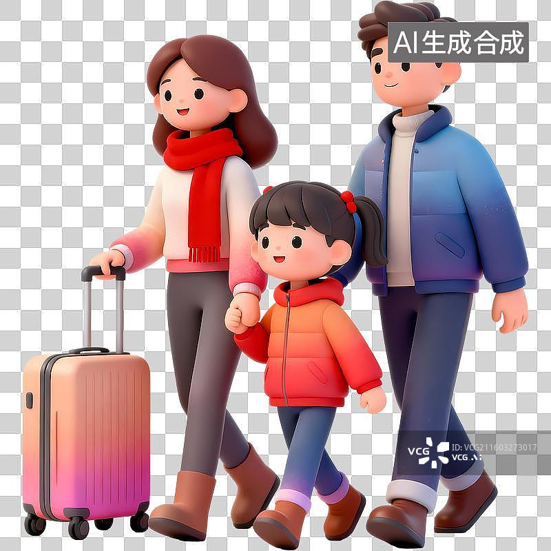 【AI数字艺术】冬季穿着喜庆衣服的一家人旅行3D立体卡通清新4D渲染插画元素图片素材